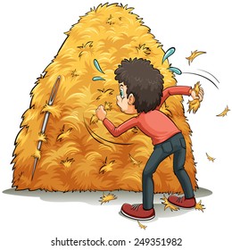 A boy looking for a needle on a white background