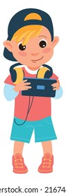 Boy looking on phone screen. Kid watching video