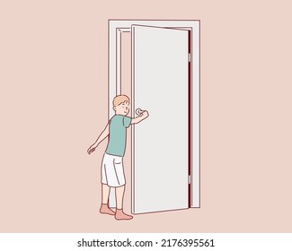 Junge, der aus der Tür schaut. Handgezeichnete Vektordesign-Illustrationen.