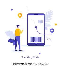 Boy looking at parcel journey on smartphone screen. Concept of digital code to track shipments or check order status, waiting for package delivery. Modern flat vector illustration for banner, poster.