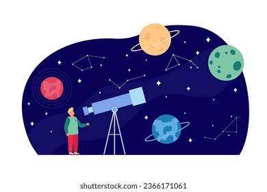 Boy looking at planets through telescope vector illustration. Cartoon drawing of kid looking at night sky with stars, constellations and planets. Astronomy, outer space, science, observation concept