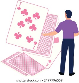 A boy is looking at the  poker card.