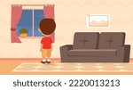 Boy Looking at Rain from Window. Little boy preschooler stands in living room and looks at downpour or raindrops outdoors. Cold rainy weather in autumn or fall. Cartoon flat vector illustration