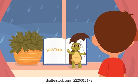 Boy Looking at Rain from Window. Little boy listens to funny weather song from Professor Turtle from book. Education and training. Vocabulary for preschoolers. Cartoon flat vector illustration