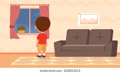 Niño mirando la lluvia desde la ventana. Niños en edad preescolar se paran en la sala de estar y observan el aguacero o las gotas de lluvia al aire libre. El clima frío lluvioso en otoño o otoño. Dibujo vectorial plano de dibujos animados