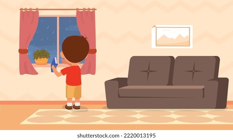 Boy Looking at Rain from Window. Preschooler holding book and looking at rainy weather. Training and education at home. Student studying remotely in autumn season. Cartoon flat vector illustration