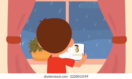 Boy Looking at Rain from Window. Preschooler studying at home and reading book or dictionary. Character studies weather with Professor Turtle. Education and learning. Cartoon flat vector illustration