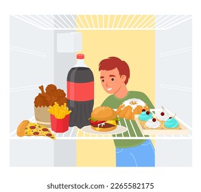 Boy looking at refrigerator with unhealthy junk fast food flat cartoon vector illustration. Little son feeling hungry and searching for food inside fridge