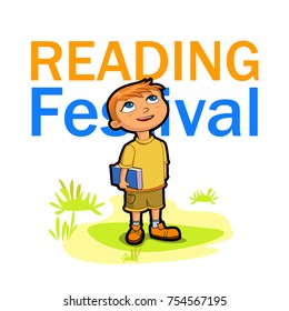 a boy looking up and smile with a book in his right hand written back of him reading festival