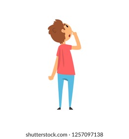 Boy looking up at something and thinking vector Illustration on a white background