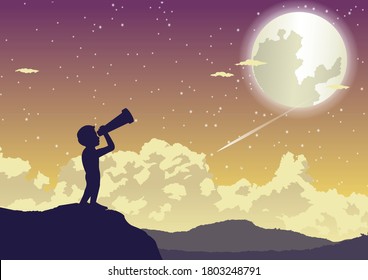 a boy looking to stars in the beautiful night,vector illustration
