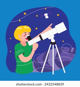 Junge betrachtet Sterne Fernglas Vektor Illustration