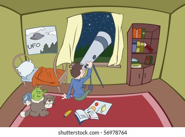 The boy is looking in a telescope while the alien is photographing boy's room