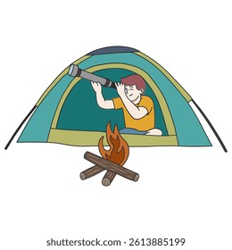 Boy looking through binoculars art illustration vector 