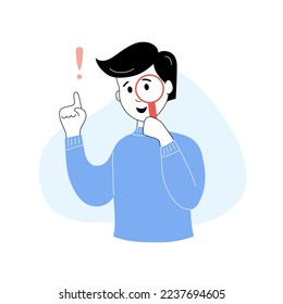 Boy looking through magnifying glass showing his index finger. Boy student pointing his forefinger up having idea. School education, learning cartoon thin line vector illustration