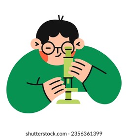 Boy looking through microscope. School boy studying. Flat vector illustration.