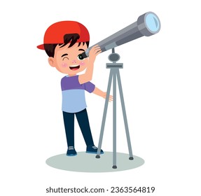 Boy looking through telescope, illustration