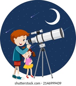 A boy looking through telescope at night illustration