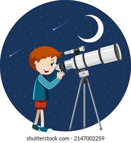 Un niño mirando a través del telescopio en la ilustración nocturna