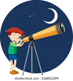 A boy looking through telescope at night illustration