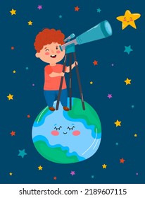 Un niño mirando por el telescopio de noche. Ilustración del vector