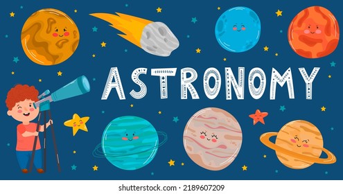 A boy looking through telescope at night. Planets of solar system. Vector illustration. Lettering - Astronomy