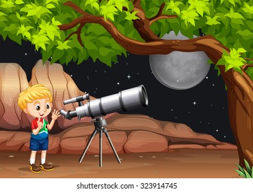 Boy Looking Through Telescope At Night Illustration