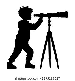 Boy looking through telescope silhouette. Vector illustration