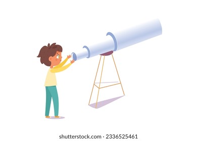 Boy looking through telescope vector illustration. Cartoon isolated cute curious child gazing, watching night sky in lenses of observatory to discover space and nature landscape, kids astronomy hobby