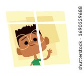 
Boy looking through window at home, coronavirus. Vector illustration for kids. Pandemic. Covid19. Flat design.