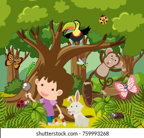 Boy looking at wild animals in forest illustration