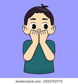 The boy looks down with great fear and is worried and afraid, holds both hands near his mouth, scared of something