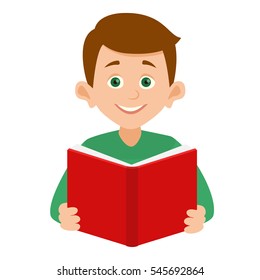 the boy looks straight ahead and holds an open red book. Boy reading a book.Vector illustration of a flat design isolated on white background. Online education