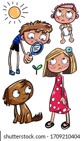 Boy looks through a magnifying glass at a plant, girl, toddler, dog, vector illustration