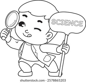 A boy looks through a magnifying glass and holds a science sign.