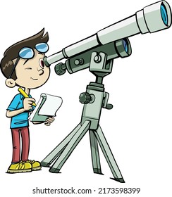 a boy looks through a telescope and studies the cosmos, writing in a notebook