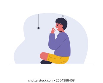 Boy looks very scared seeing hanging spider, hands show worry, his expression shows intense fear mentally, health problem vector illustration.