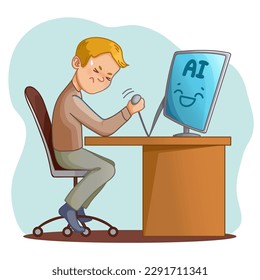 Boy loses in arm wrestling against computer. Conceptual illustration of rapid development of artificial intelligence and loss of humanity. Vector cartoon image, eps10