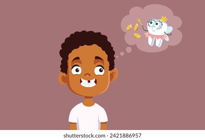 
Boy Losing a Front Tooth Thinking of Tooth Fairy Tooth Vector illustration. Image of a young kid missing his primary teeth in growing process 
