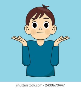 The boy is at a loss, without a clue. Not knowing what to say. Shoulders and arms raised
