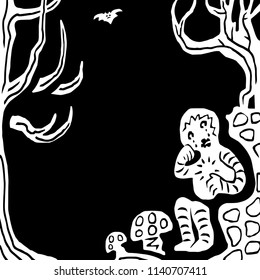 The boy lost his way in the forest and cries. Black and white graphics. Vector illustration.