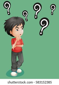 Boy with lots of question marks illustration