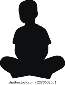 Boy in lotus position ink silhouette. Child sitting cross legged, isolated vector illustration. Shadow little boy meditating