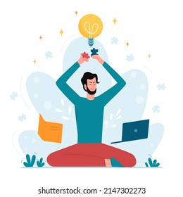 Boy in lotus position keeping calm and finding right solution. Meditation pose for new creative idea flat vector illustration
