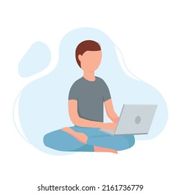 Boy in lotus position keeping calm and worling on laptop or computer. Meditation pose. Smm manager, programmer. Freelancer working on web and application development on computers. Software developers.