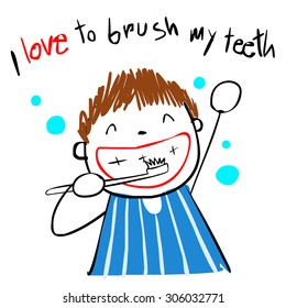 boy love brush teeth doodle style vector cartoon