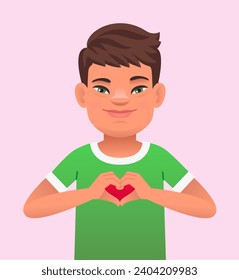 Boy in love with the genetic disease Down Syndrome folded his palms in the shape of a heart. Confident white guy. Sunny child. Vector illustration in cartoon style.