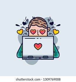 Boy in love with laptop poster design. Valentine's Day is recognized as a significant cultural, religious, and commercial celebration of romance and romantic love in many regions.