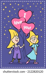 Boy in love Moon with balloons in the form of heart and girl Star as couple with text I love you