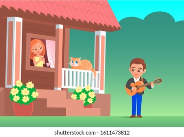 A boy in love plays the guitar under the window of a girl. She looks out with a smile. On the porch is a funny cat. Vector cartoon romantic illustration.